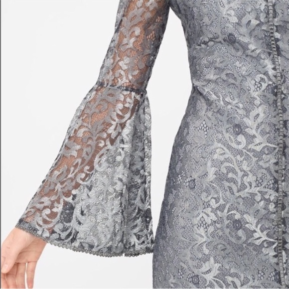 White House Black Market Silver Gray Metallic Lace Bell Sleeve Dress. - Picture 5 of 17